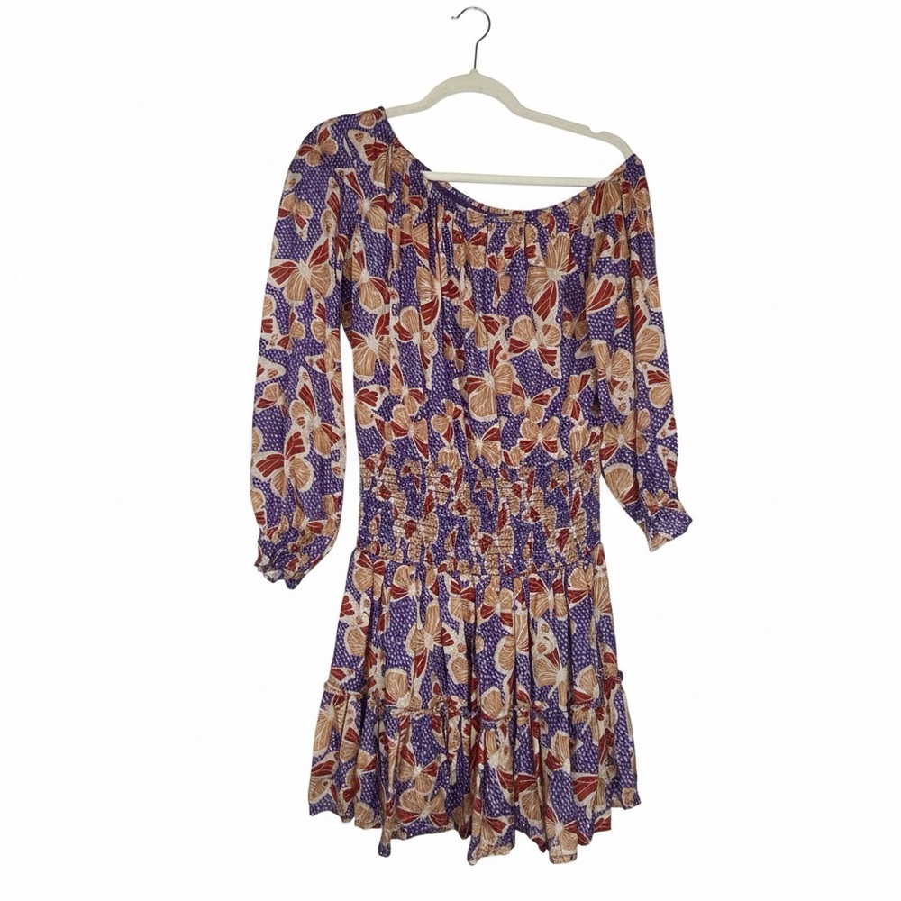Roller Rabbit Butterfly Print Off Shoulder Smocked Mini Dress S